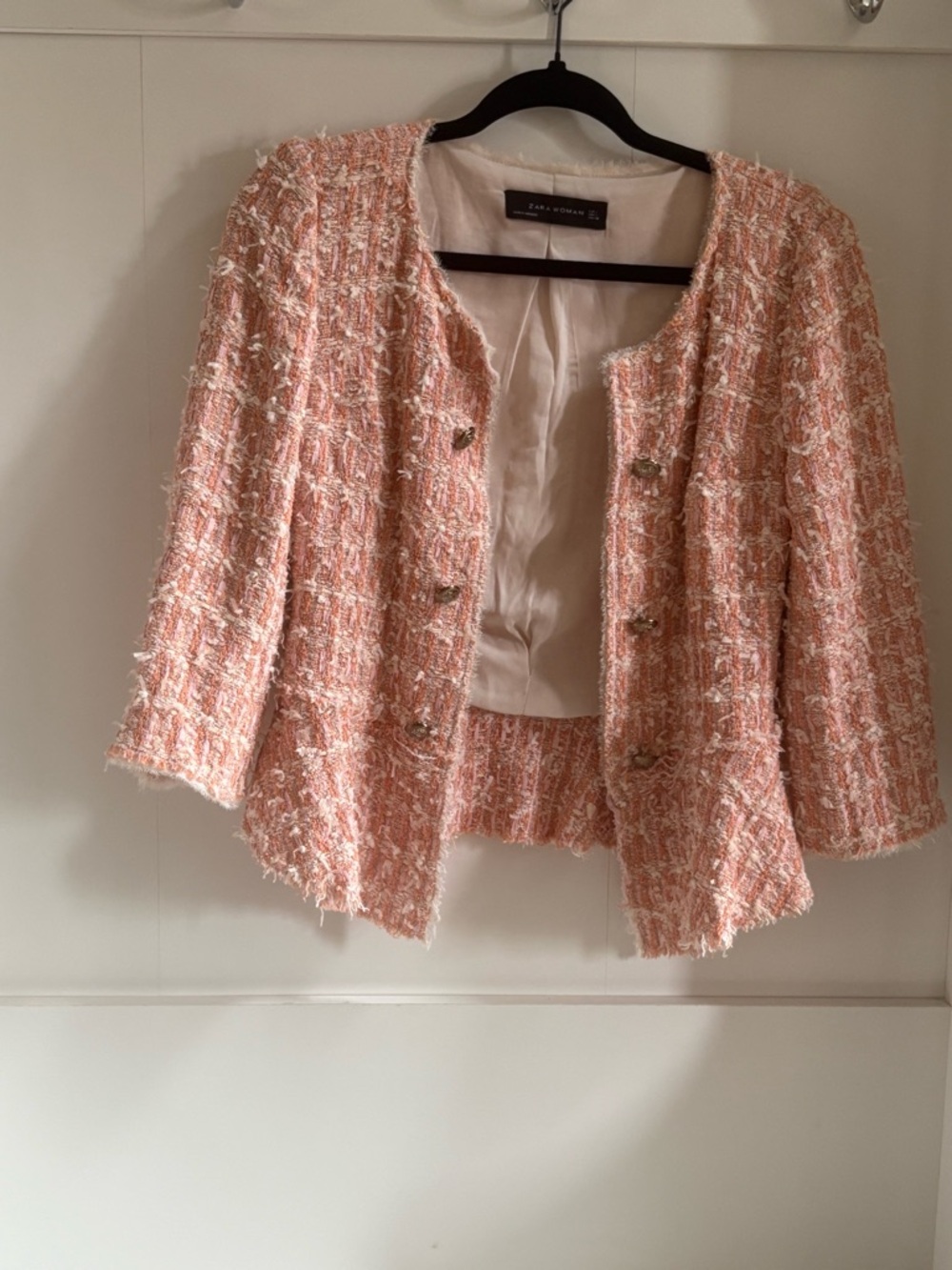 Zara Peach Pink Tweed Blazer with Gold Buttons